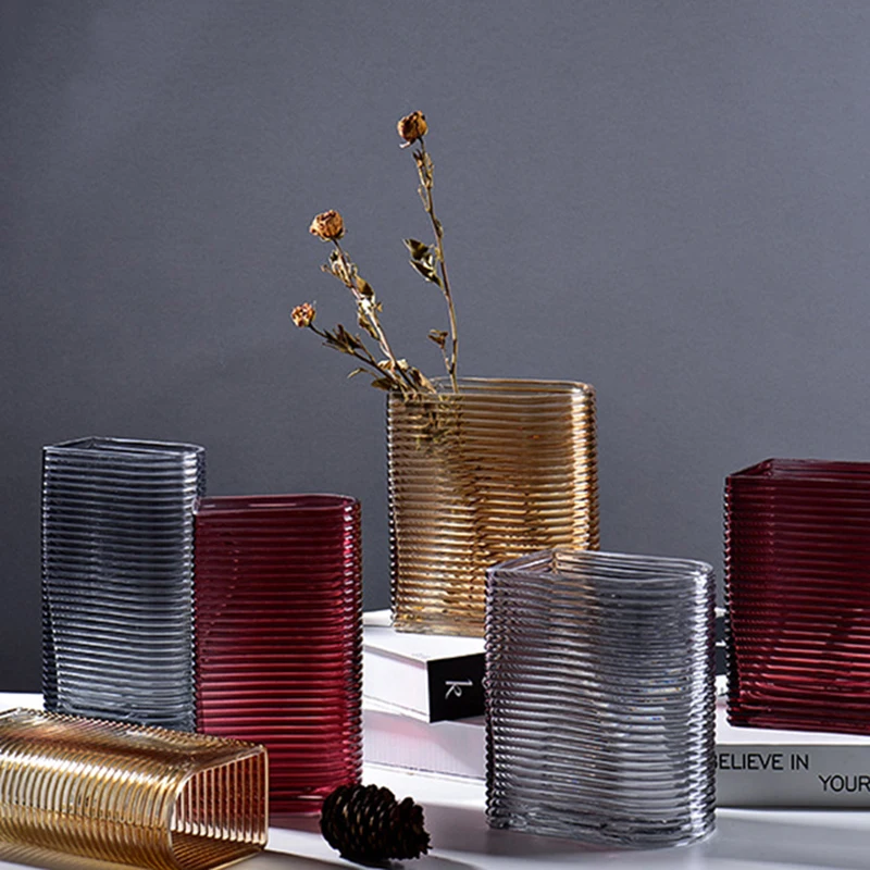 

Nordic U-shaped Horizontal Stripes Glass Vase For Home Decor Flower Desktop Vase Ornaments, Grey, red, yellow ,blue , purple
