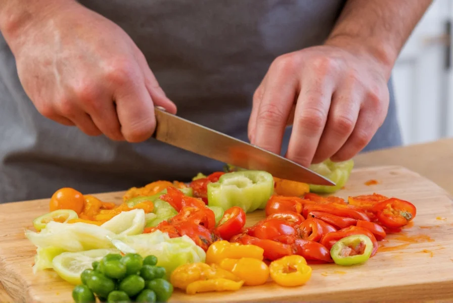 Chef slicing Sweety Drops peppers for a fresh salad, showcasing their thin walls and vibrant colors