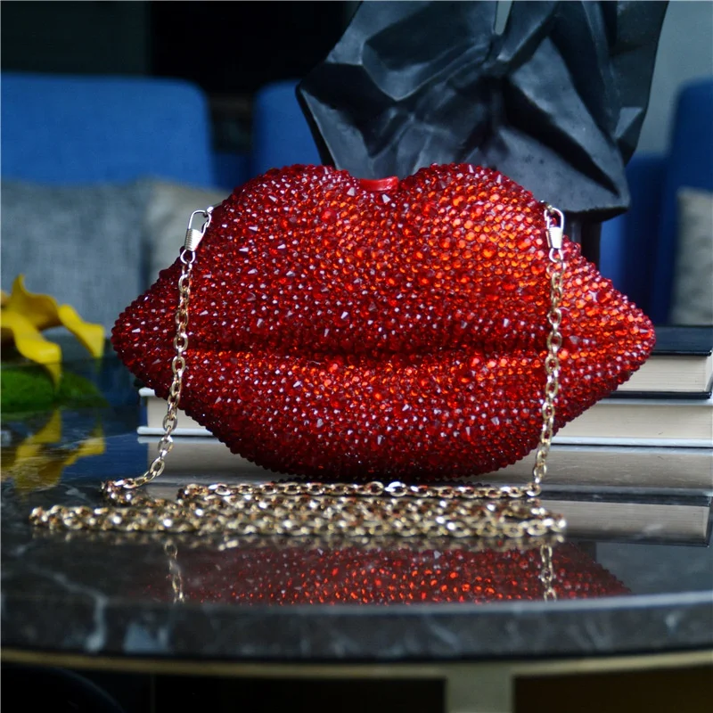 

Women Ladies Luxury Evening Bag Bright Red Sexy Full Diamond Hot Lips Shape Crystal Evening Bags Clutches Wedding Evening Purse