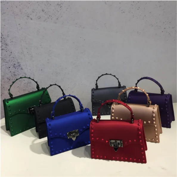 

New Women's Hot selling jelly shoulder bag colorful PVC rivet handbags tote studded mini girls shoulder handbag, 7colors