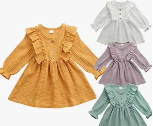 

Factory Cotton Linen Fall Dress Children Girls Western Ruffle Sleeve Party Dress, As the pic show