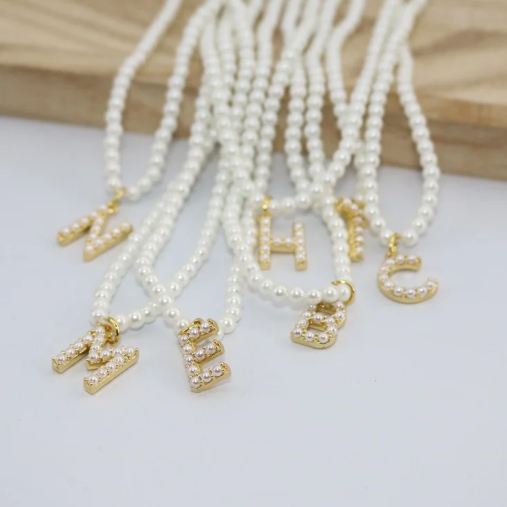NP1048  Small 3mm imitation faux pearl beaded necklace gold plated pearl bead pave letter initial charm necklace for women
