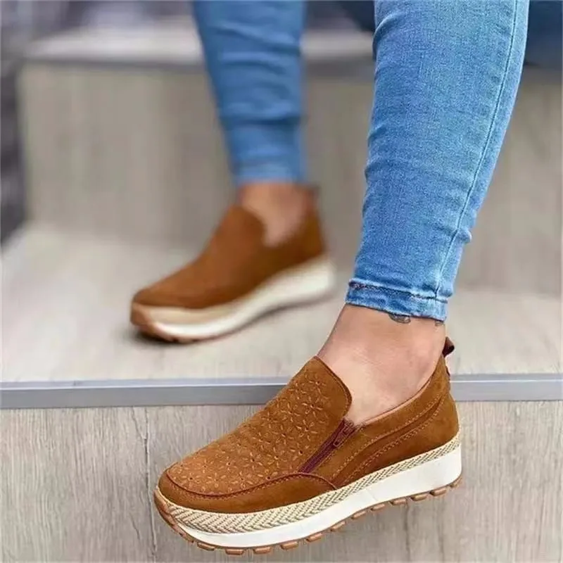 

Faux leather zip detail thick sole women single shoes autumn new style casual and comfy lady sneakers platform loafers