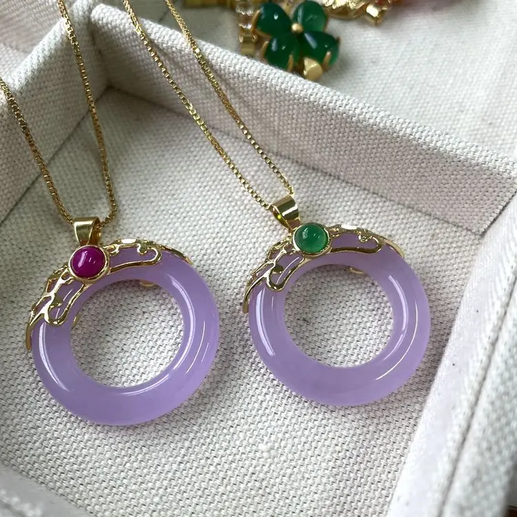 

Stainless Steel Jewelry Lavender Round Jade Chain Gold Plated Pendant Necklace For Women Size 18 '' Wholesale, Purple , green