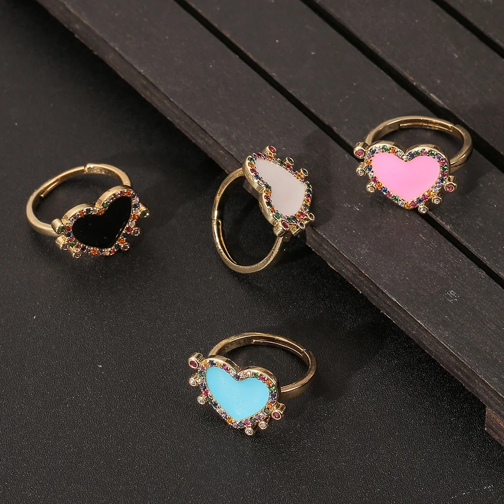 

Ins New Popular Jewelry For Women Adjustable Gold Plated Colorful Zircon Heart Enamel Open Index Finger Rings