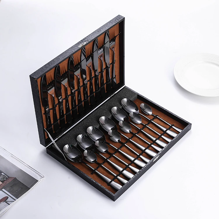 

24 Piece Cutlery Set Restaurant Flatware Stainless Steel Spoon Forks Knives 24Pcs Set Black Cutlery Set