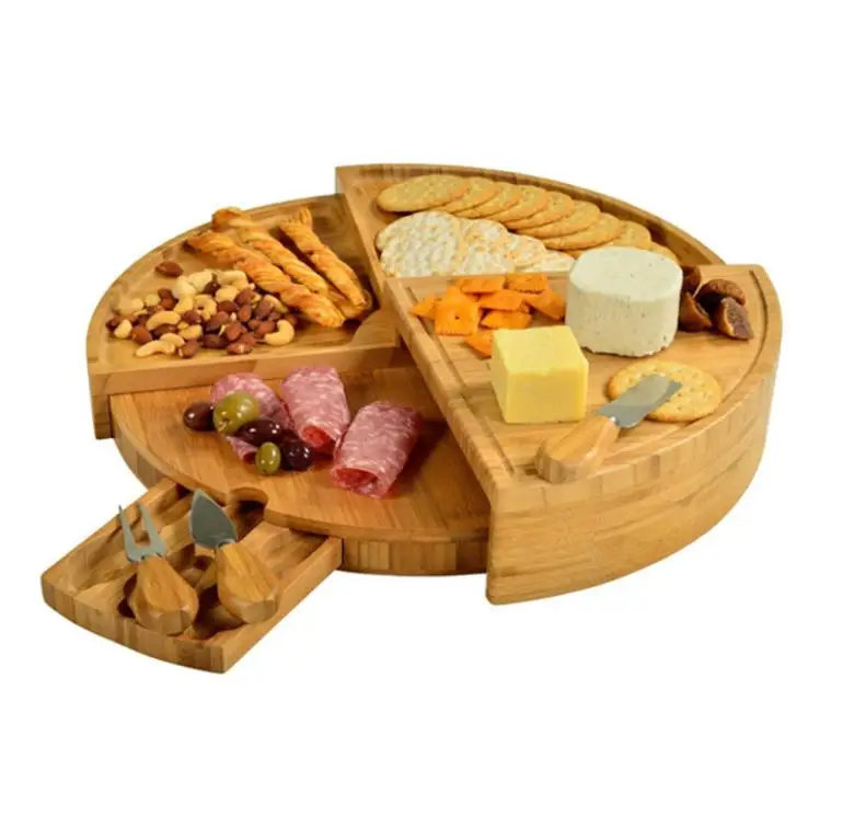 

Newest Compact Wedge Swivels Serving Platter Round Bamboo Charcuterie Cheese Board with Knife set, Natural bamboo