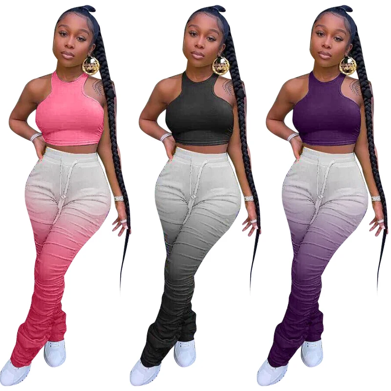 

FM-756 hot selling 2020 crop top sport and slimming long pants women two piece stack pants set, As picture