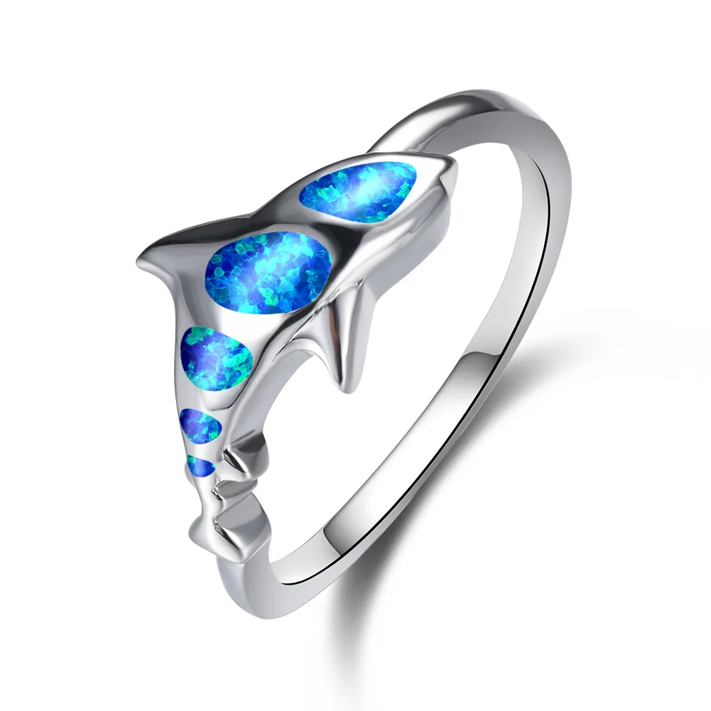 

Nice White gold ring party girl cute shark shaped ring jewelry blue opal ring