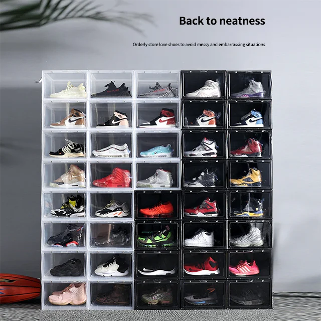 

Plastic Transparent Sneaker Storage Boxes Drop Front Custom Acrylic Wholesale Drawer Type Magnetic Clear Shoe Box