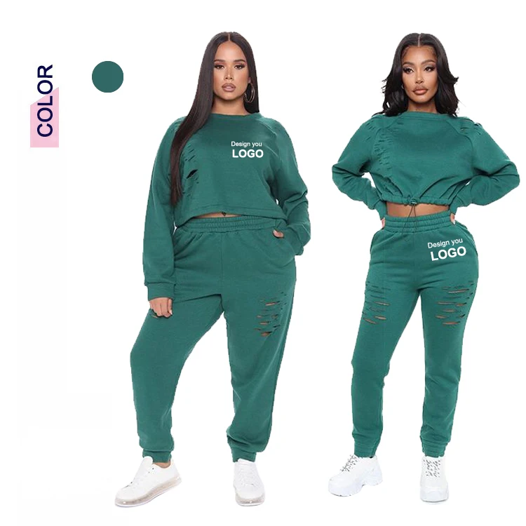 

Latest Design Sexy Clothes Casual Suit Fall Jogger Women Two Piece Set Padded Hoodie Ripped Trouser Suit Women Long Sleeve, Dark green