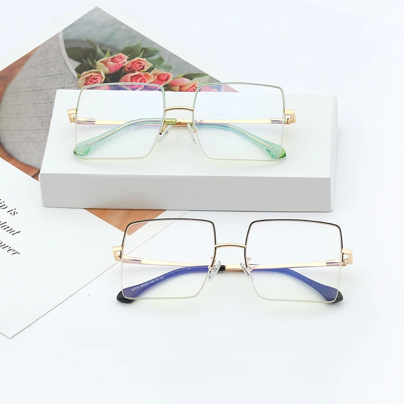

SHINELOT 95725 Hot Selling Amazon Stylish Oversize Metal Half Frame Blue Light Blocking Glasses For Women Optical Eyewear