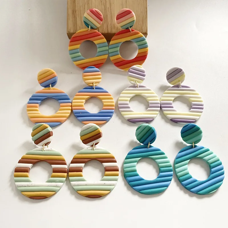 

Fashion Teacher Earrings Cute Design Korea Rainbow Color Hoop Hollow Shape Polymer Clay Earrings