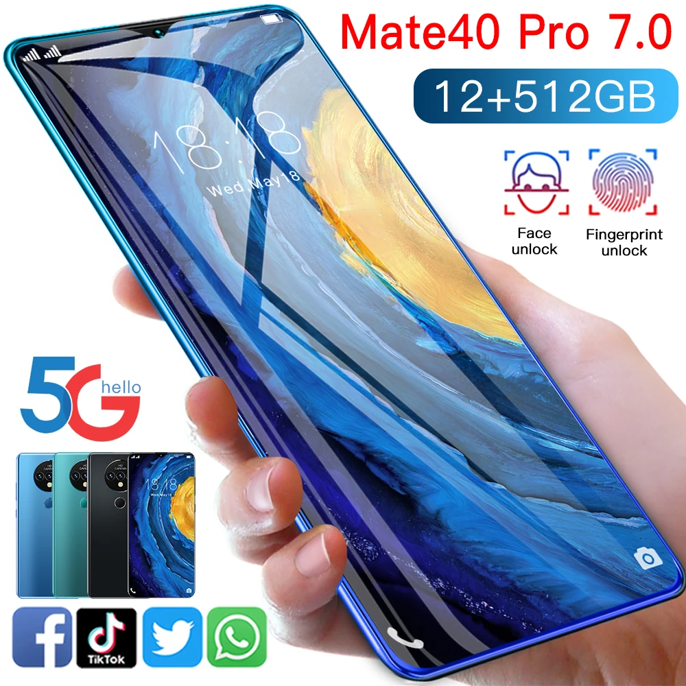 

2021 Hot Sale 7.3 Inch Mate40pro Smartphone Android 10.0 16G+512G Face Unlocked Phone Cell Phone