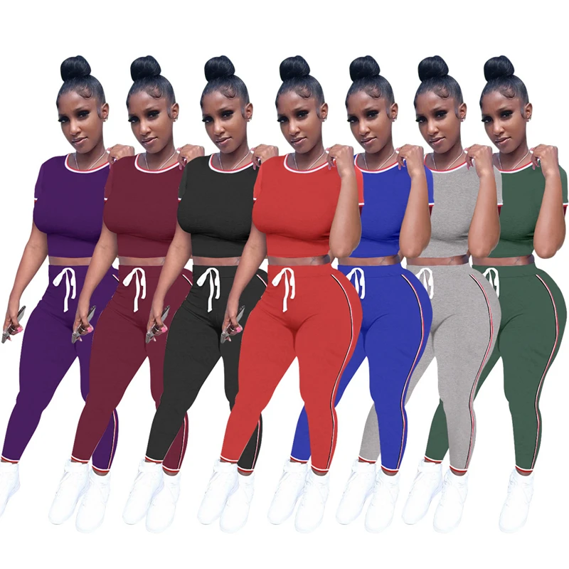 

2022 Summer 100% Cotton Jogger Pants Elastic Fitness Bodycon Two Piece Pants Set Women