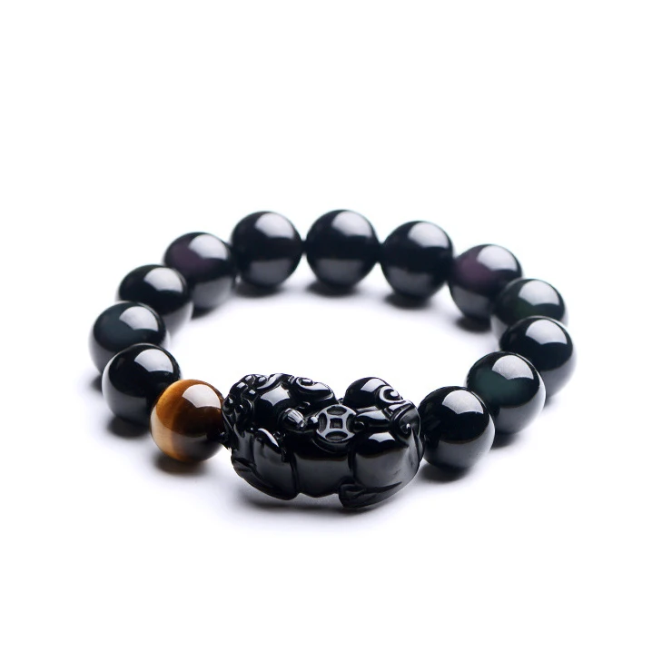 

Wholesale 14mm Natural Tiger Eye Beads Black Pi Xiu Bracelet for Men Cheap Price Obsidian Beads Bracelet Jewelry