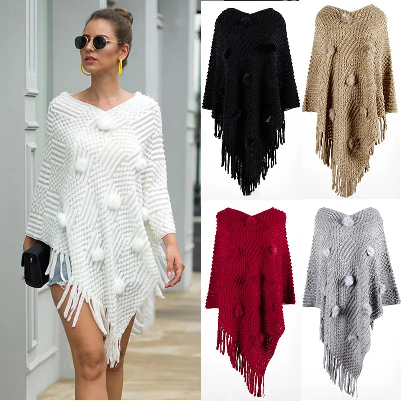 

Wholesale Streetwear Tassel Fringe Cape Shawl Diagonal Poncho V-neck Pompoms Pullover Soft Knitted Women's Cloak Sweater, Customized color