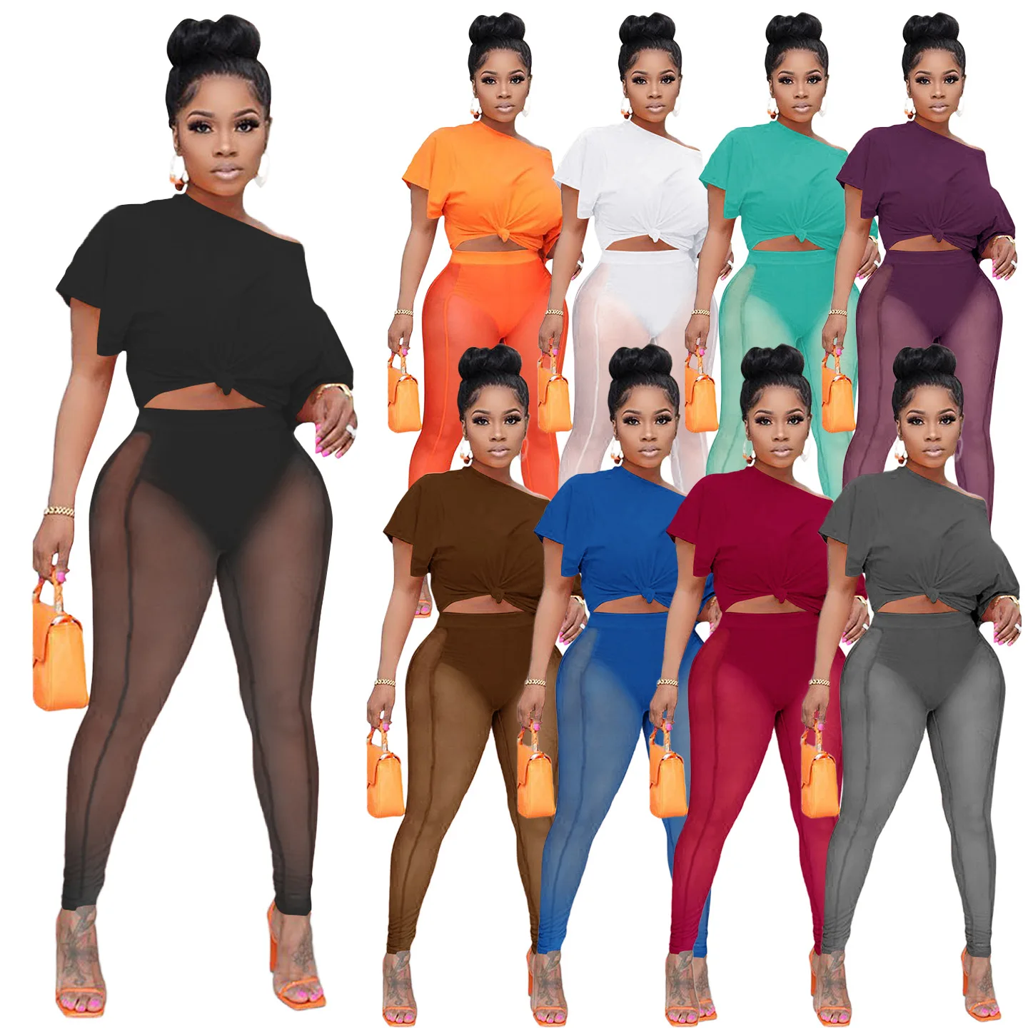

Hot Sale Summer See Through Tank Top Two Piece Pants Set 2022 Women Clothing Solid T shirts and Mesh Pants 2 Piece Set Women, White,red,purple,gray,black,brown,blue,orange,green