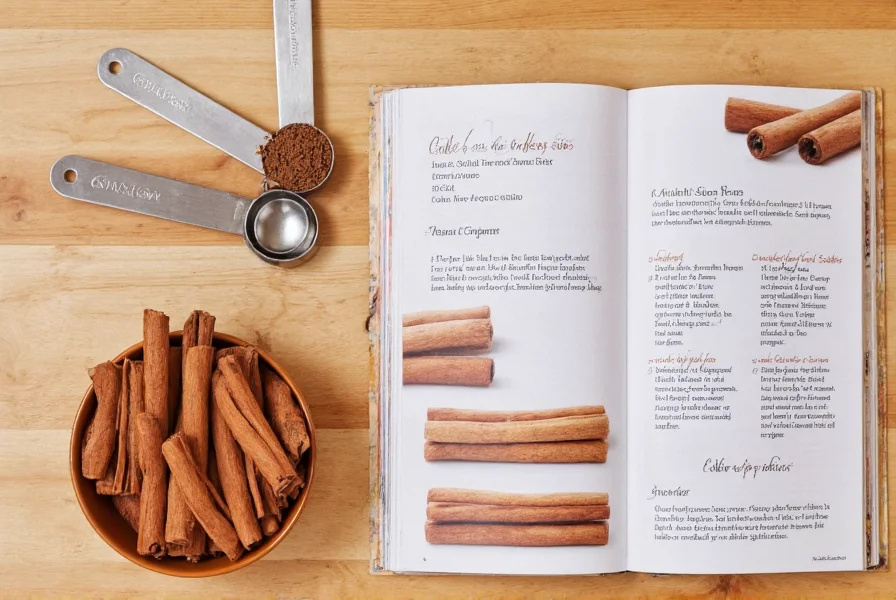Cinnamon sticks arranged in a kitchen setting with measuring spoons and recipe book showing baking applications for different cinnamon types