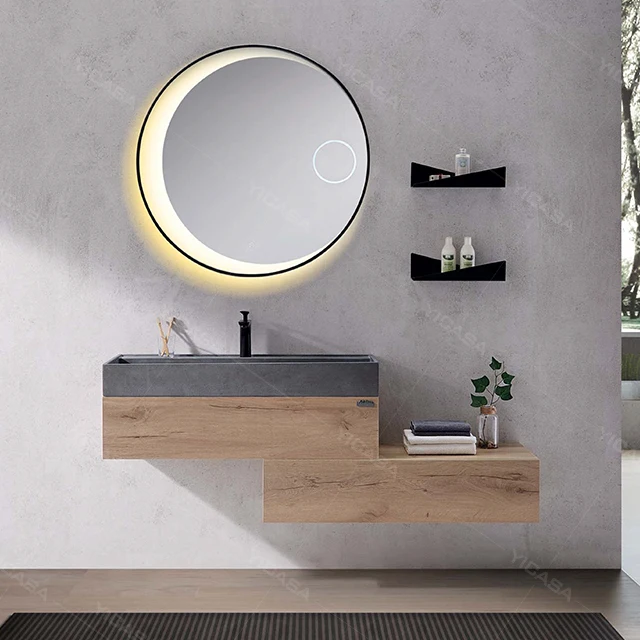 

modern style bathroom vanity cabinets with wood veneer with grey cement Basin and bathroom basin cabinet vanity