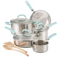

Create Delicious Cookware Pots and Pans Set, 10 Piece, Stainless Steel with Light Blue Handles