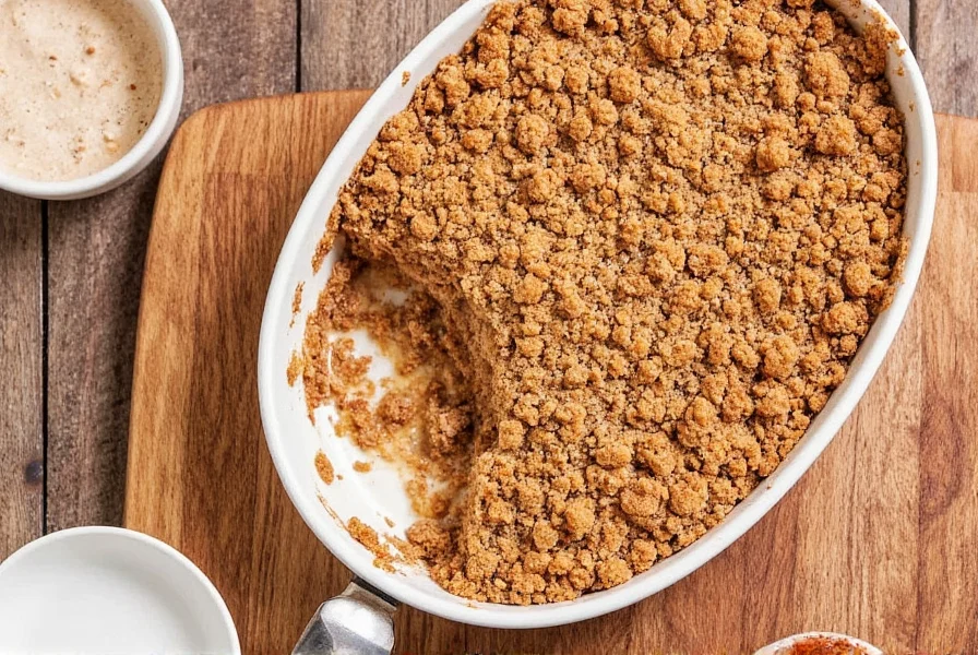 Close-up of perfect cinnamon crumble topping texture with golden brown color and visible crumb structure on apple crisp