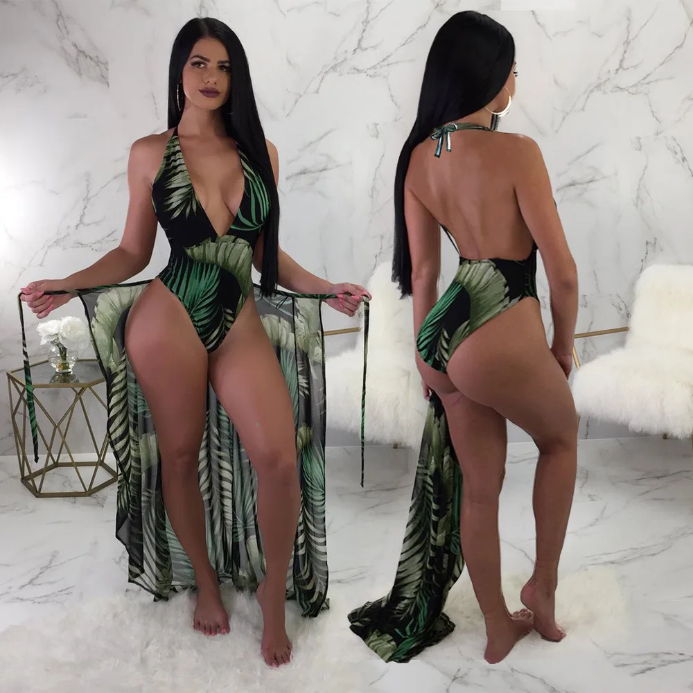 

Women's sexy beach wear 2 piece bikini set floral print backless halter swimsuit two piece swimming suit with cover up
