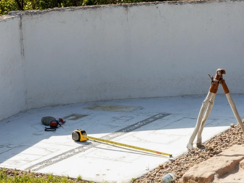 Stock tank pool site planning with measuring tape and level