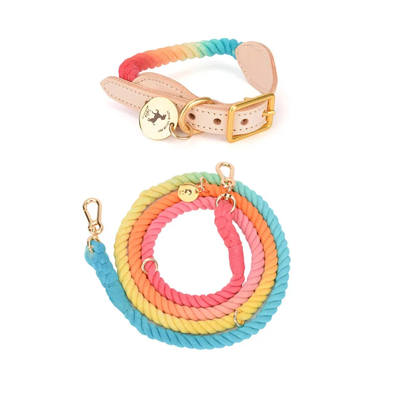 

Wholesale Custom Logo Adjustable Braided Cotton Heavy Duty Multi-Colored Rope Dog Leash Collar For Pets, As pictures