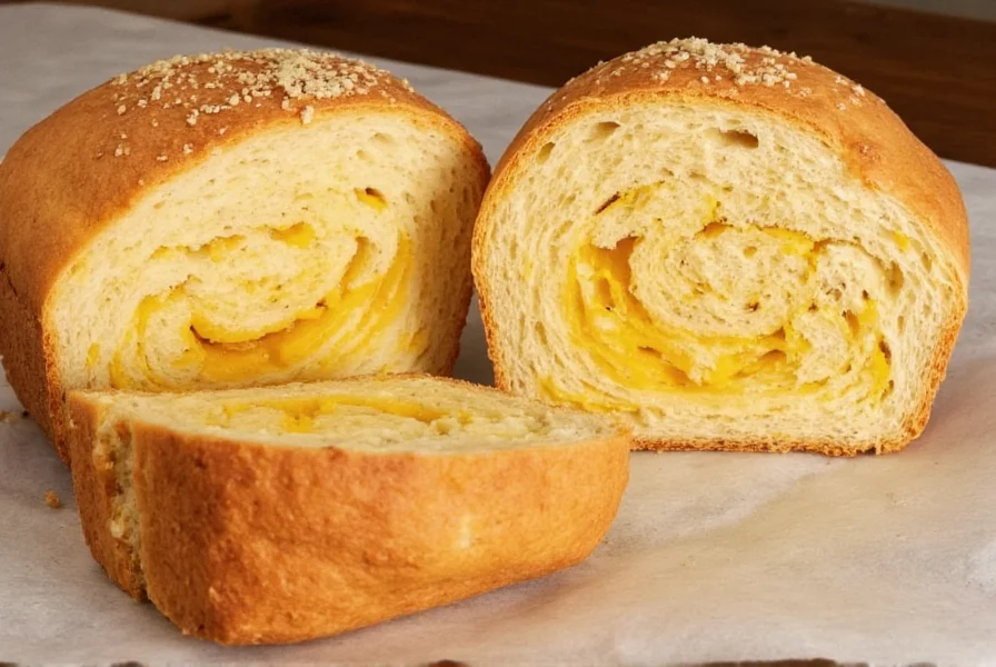 Finished ghost pepper bread loaf with cross-section showing pepper flecks and cheese swirls