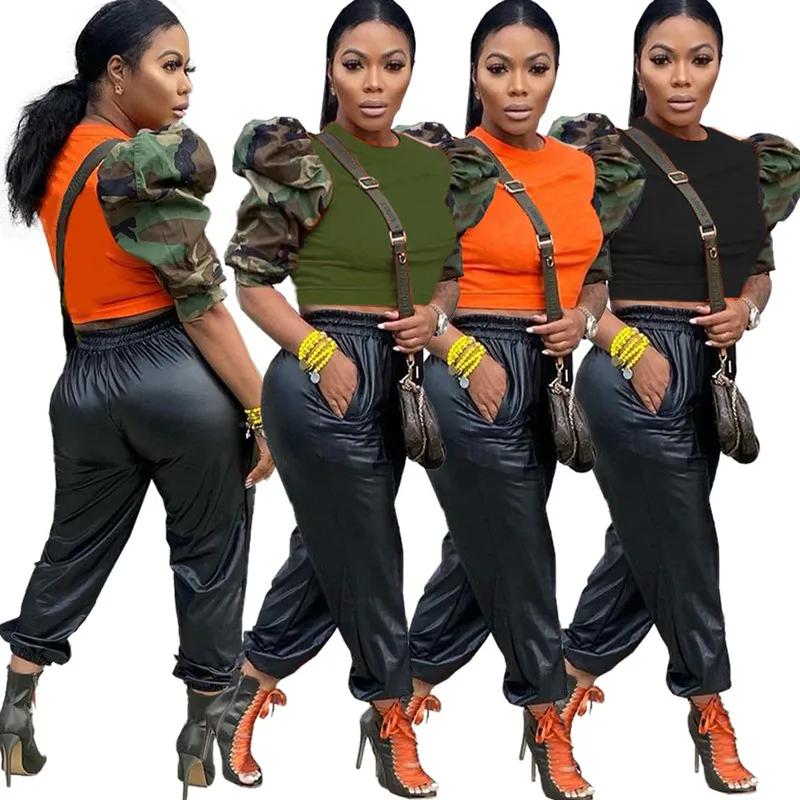 

2022 New Designer Camouflage Lantern Sleeve Crop Top Fashion Patchwork Half Sleeve Short T-shirts For Ladies