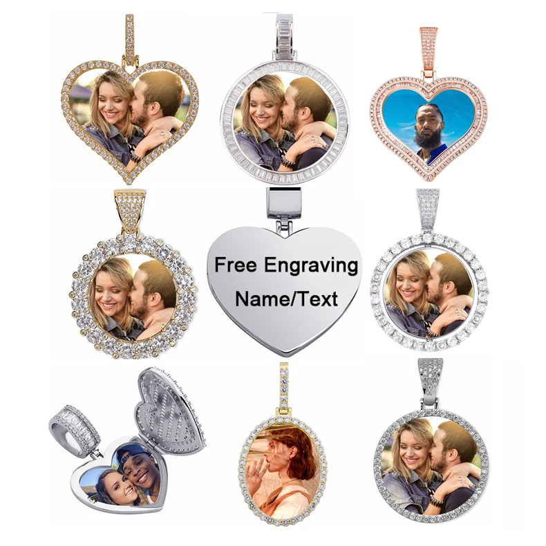 

Personalized iced out Cubic Zircon Edge Paved Photo Frame Pendant Necklace Custom Photo Pendant family girlfriend gift necklace