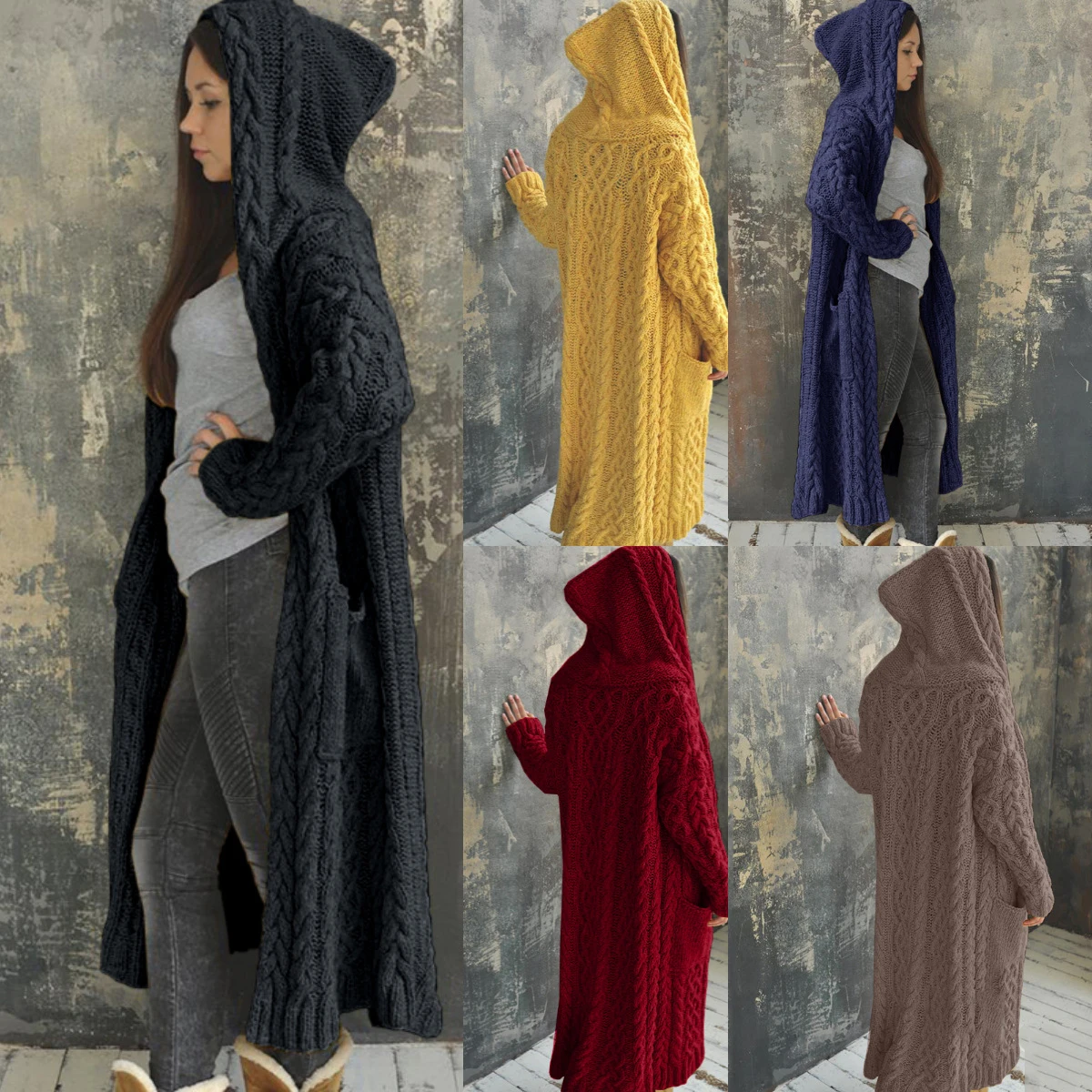 

New winter plus size Women's thick Cardigan Twist Braided Lazy Hooded Long Cardigan Sweater