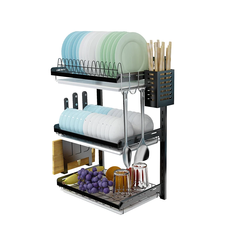 

Stainless Steel 2/3 Tiers Wall Mounted Dish Drying Rack Drainer Hanging Rack With PP Water Tray