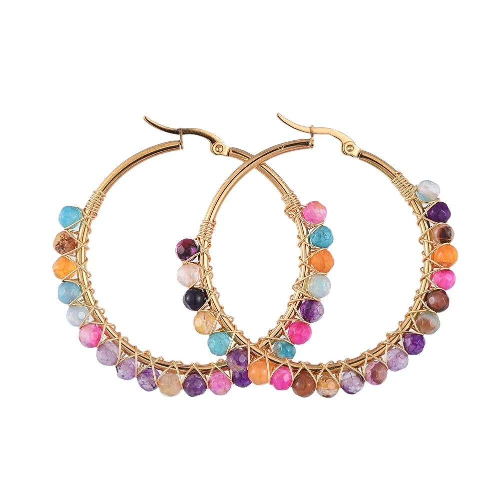 

PandaHall Boxed Women Natural Agate Beads Hoop Earrings, Golden