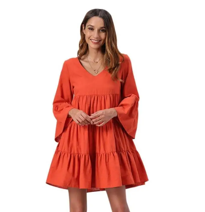 

Women Solid Long Sleeve Bandage Ruffled Hem Simple Fashion Casual Ladies summer basic oversized loose midi dress, As shown in the pictures, color can be customized.
