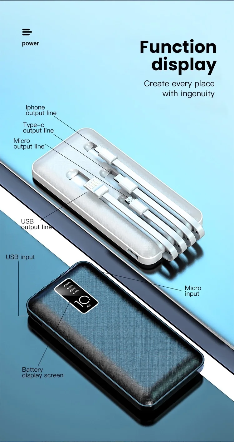 2020 new digital display power bank fast charge 20000mah power bank with built-in cables - ANKUX.COM