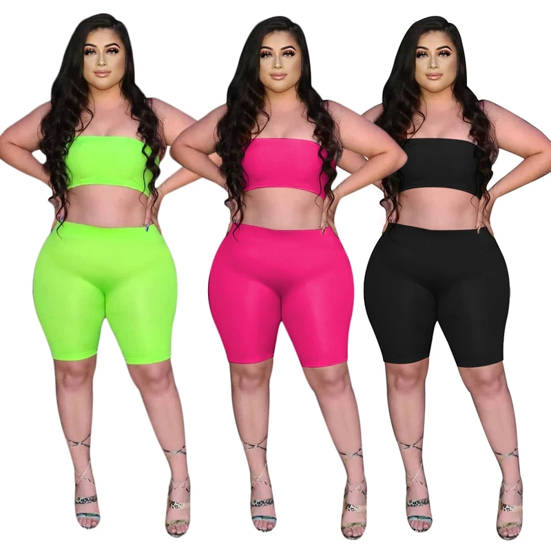 

Wholesale Solid Two Piece Plus Size Outfits Women Clothing Sexy 2 Piece Short Set Summer 2021, Black,rose,lemon green