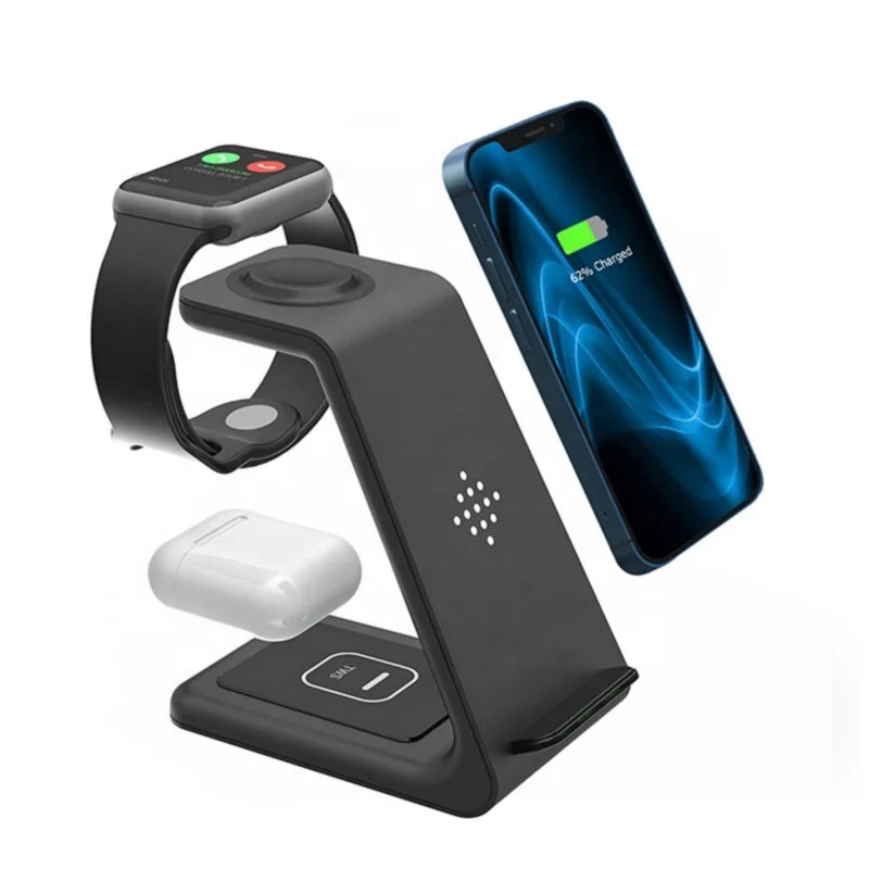 

Qunhui Newest Fireproof ABS Material Wireless Charging Stand 3 In 1 Fast Wireless Charger T3 For Phone Earphone Watch, White, black