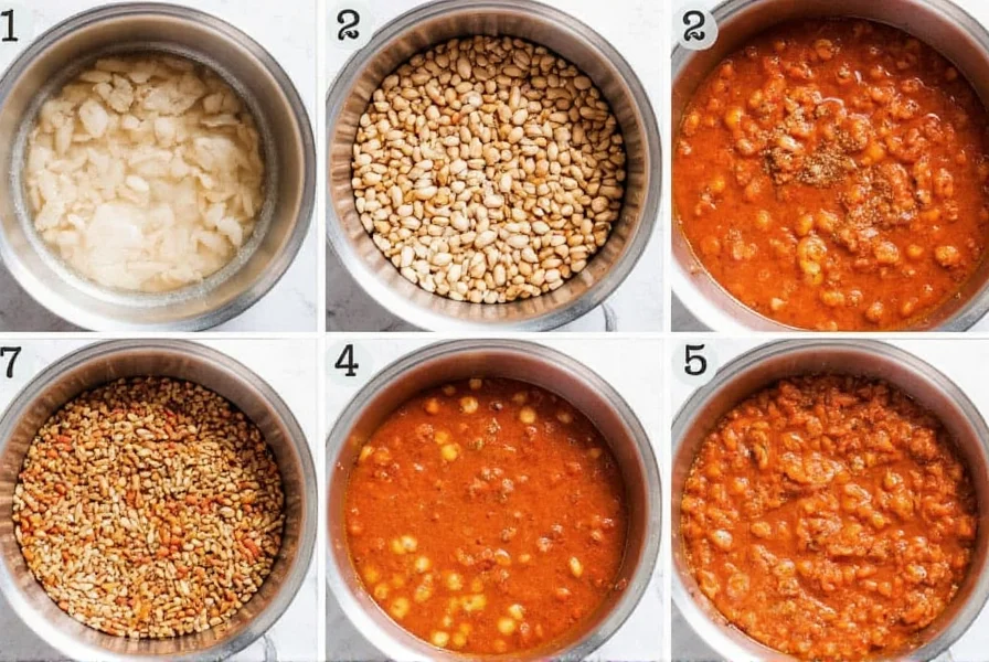 Step-by-step preparation of dry beans for chili showing soaking, rinsing, and simmering stages