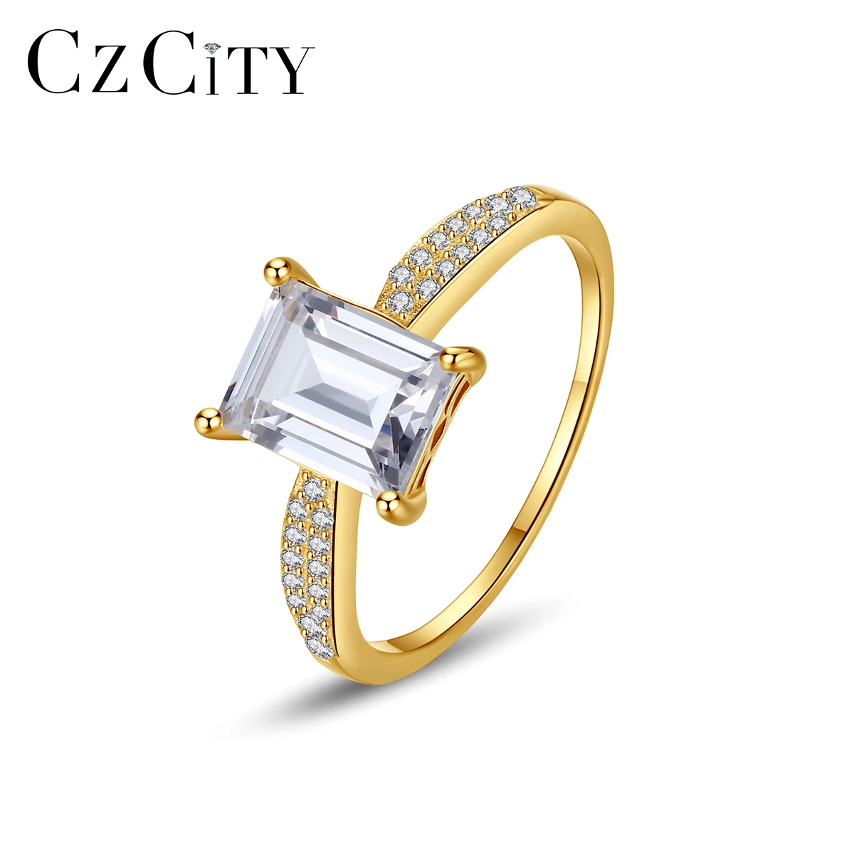 CZCITY Dainty Gold Unique Silver Lady 925 Trendy Cz Zircon Finger Golden Big Korean Emerald Cut Square Stone Ring