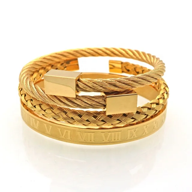 

Gold Plated Luxury Bracelet Set Fashion Roman Numeral Bangle + Golden Braided Open Ring Gilt Men Women Jewelry, Gold , black , silver ,rose gold