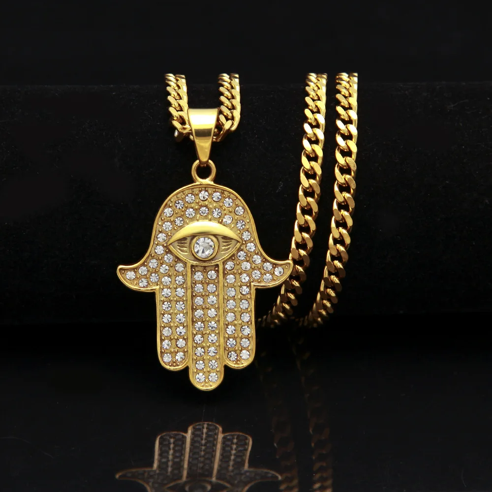 

Fatima Hand Necklace Gold Plated Stainless Steel Men Hip Hop Jewelry CZ Iced Out Diamond Eye Hamsa Hand Pendant Necklace