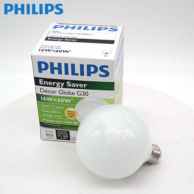 Philips soft light bulb large spherical lamp frosted round energy saving lamp 120V CFL Decor Globe G30 8000hrs 16W=60W