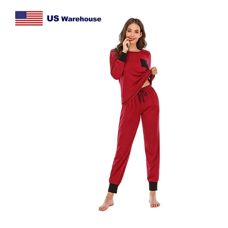 

cotton polyester loungewear USA STOCK Luxury christmas loungewear set women O-neck long sleeve knit Drawstring sleepwear