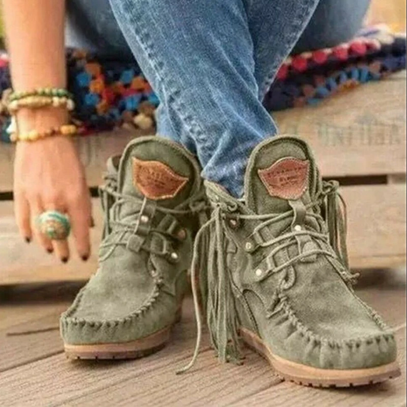 

Women Retro Western Fringe Moccasin Ankle Boots Lace Up Low Heel Cowboy Casual Shoes Short Boots