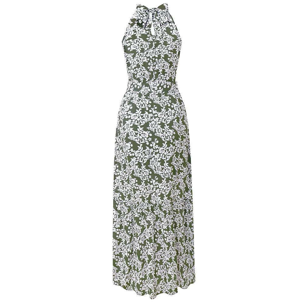 

2020 New Arrival sleeveless ruffles floral print high waist halter women ladies casual dresses