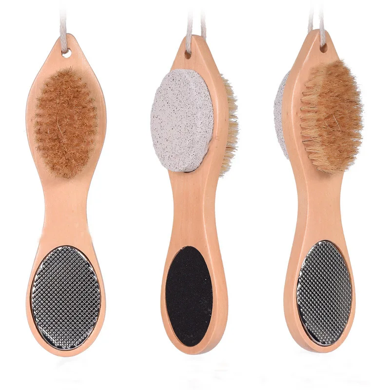 

Eco Friendly 4 in1 Natural Boar Bristle Foot Care Tools MultiFunction Brush Oval Design Double Side Whetstone Wood Brush Combine
