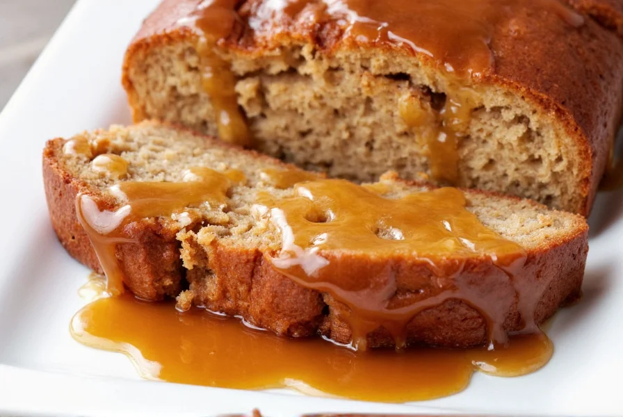 Perfectly baked sticky cinnamon bread with gooey caramel sauce dripping from pull-apart slices on a white ceramic plate