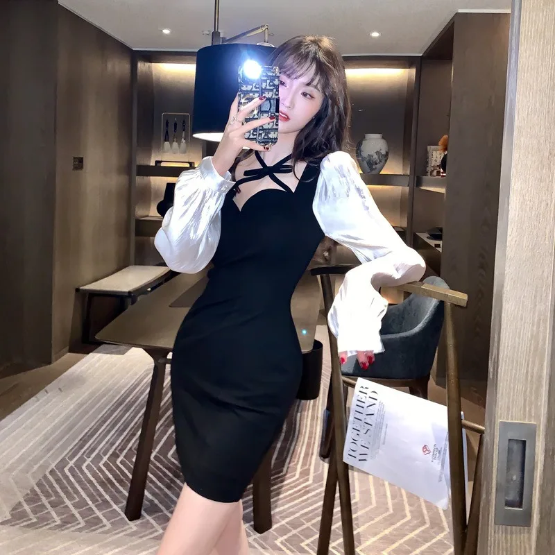 

2021 Spring New Women's Black Long Sleeve Club Dresses Sexy